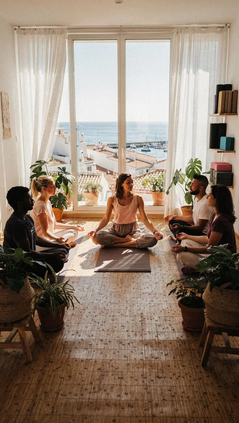 Grupo de personas practicando respiración profunda mientras realizan ejercicios de yoga.