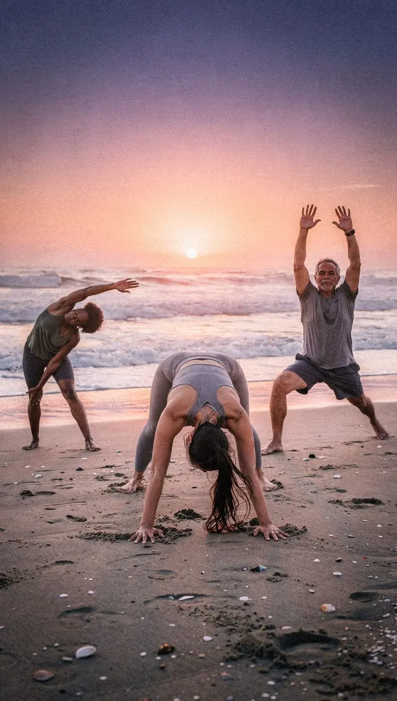 Persona realizando una postura de yoga que favorece el drenaje linfático en un entorno natural.