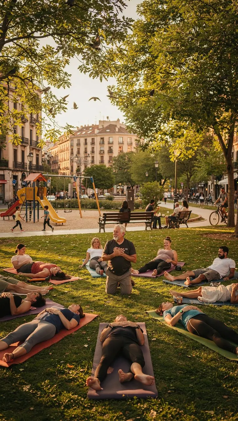 Grupo de personas en una clase de yoga, concentrándose en la respiración y la meditación para desintoxicar el cuerpo.