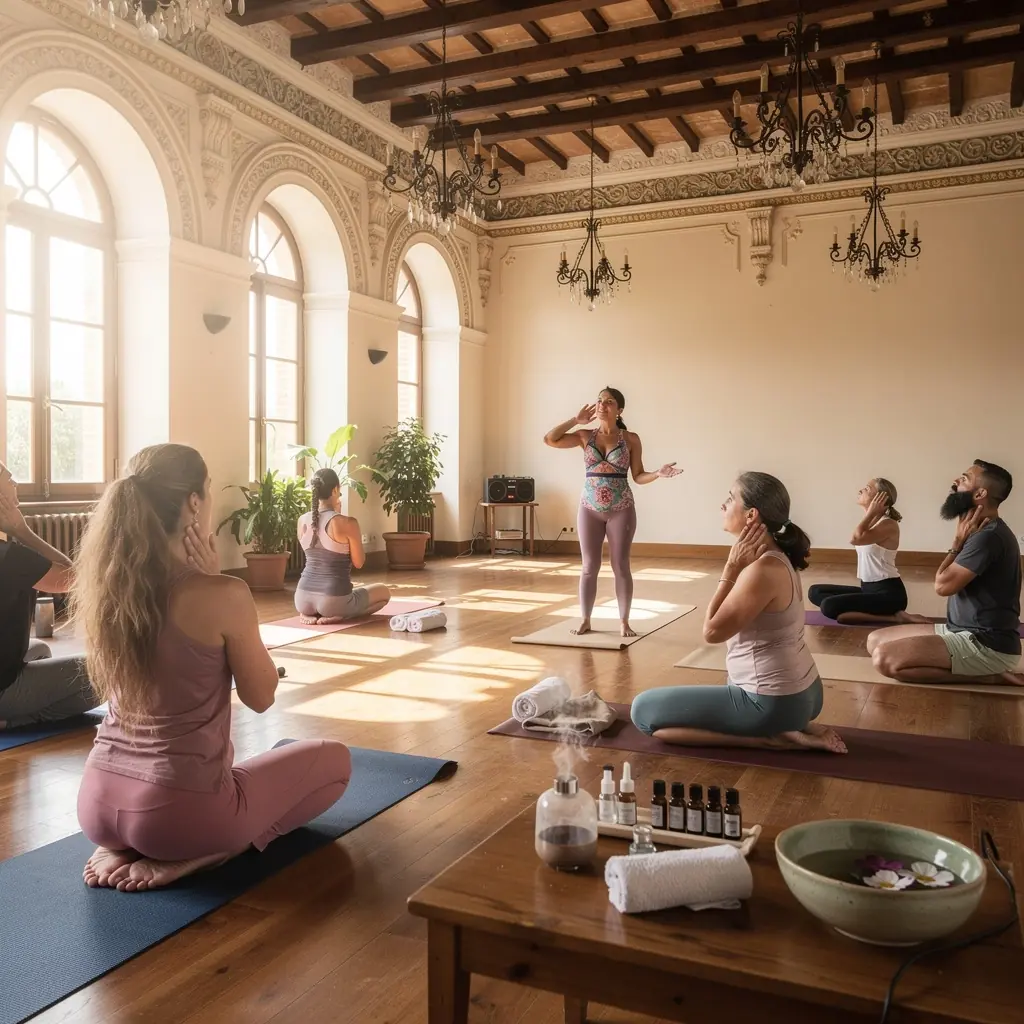 Instructora guiando a los asistentes en una sesión de yoga, enfocándose en movimientos específicos para activar el sistema linfático.