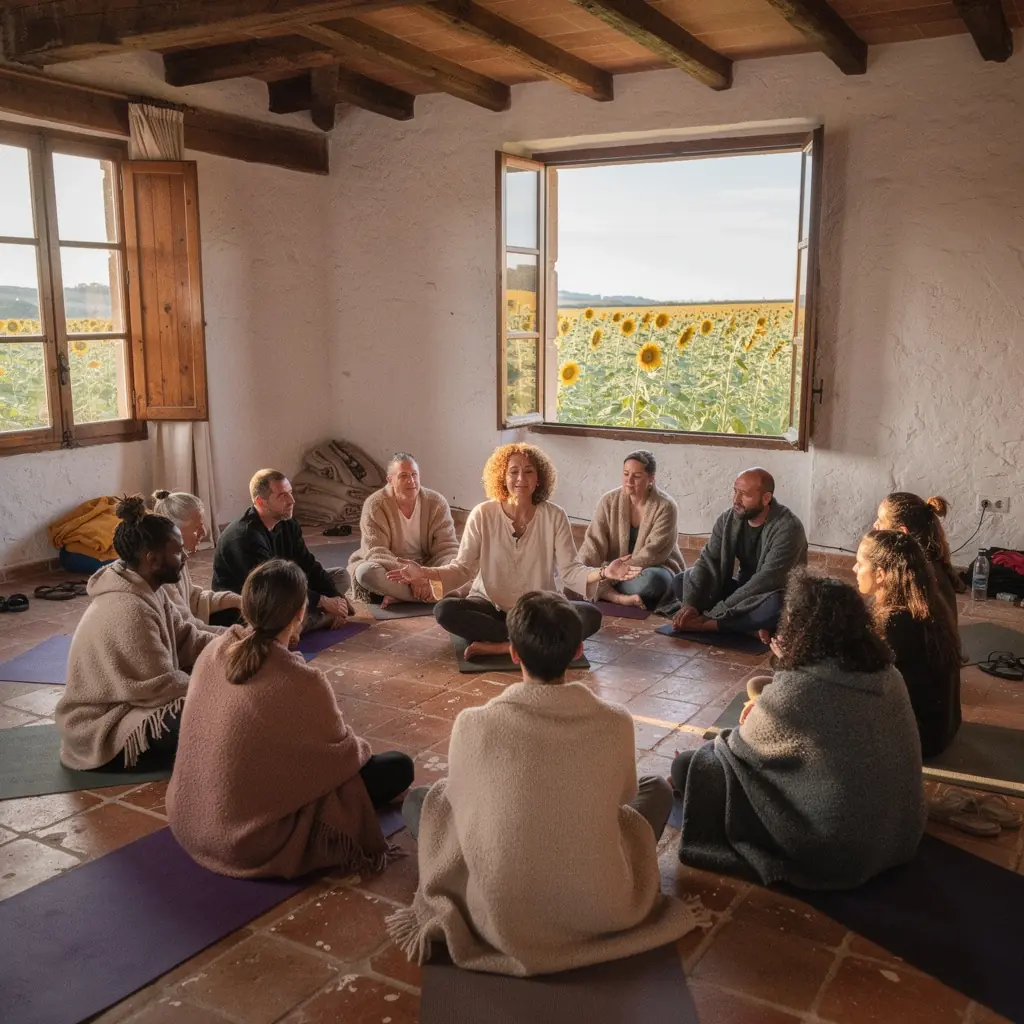 Grupo de personas en una clase de yoga, concentrándose en la respiración y la meditación para desintoxicar el cuerpo.